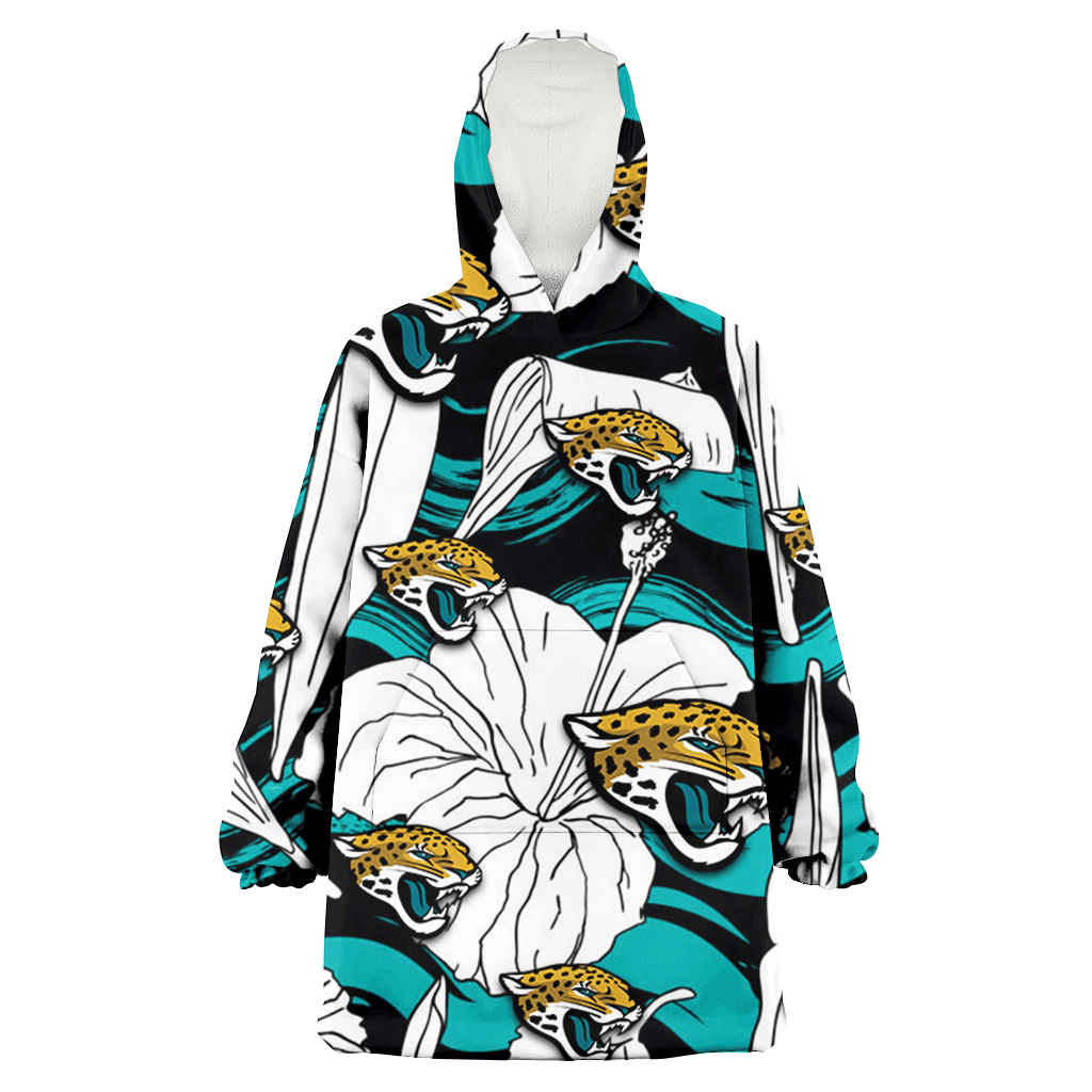Jacksonville Jaguars White Hibiscus Turquoise Wave Black Background 3D Printed Hoodie Blanket Snug Hoodie