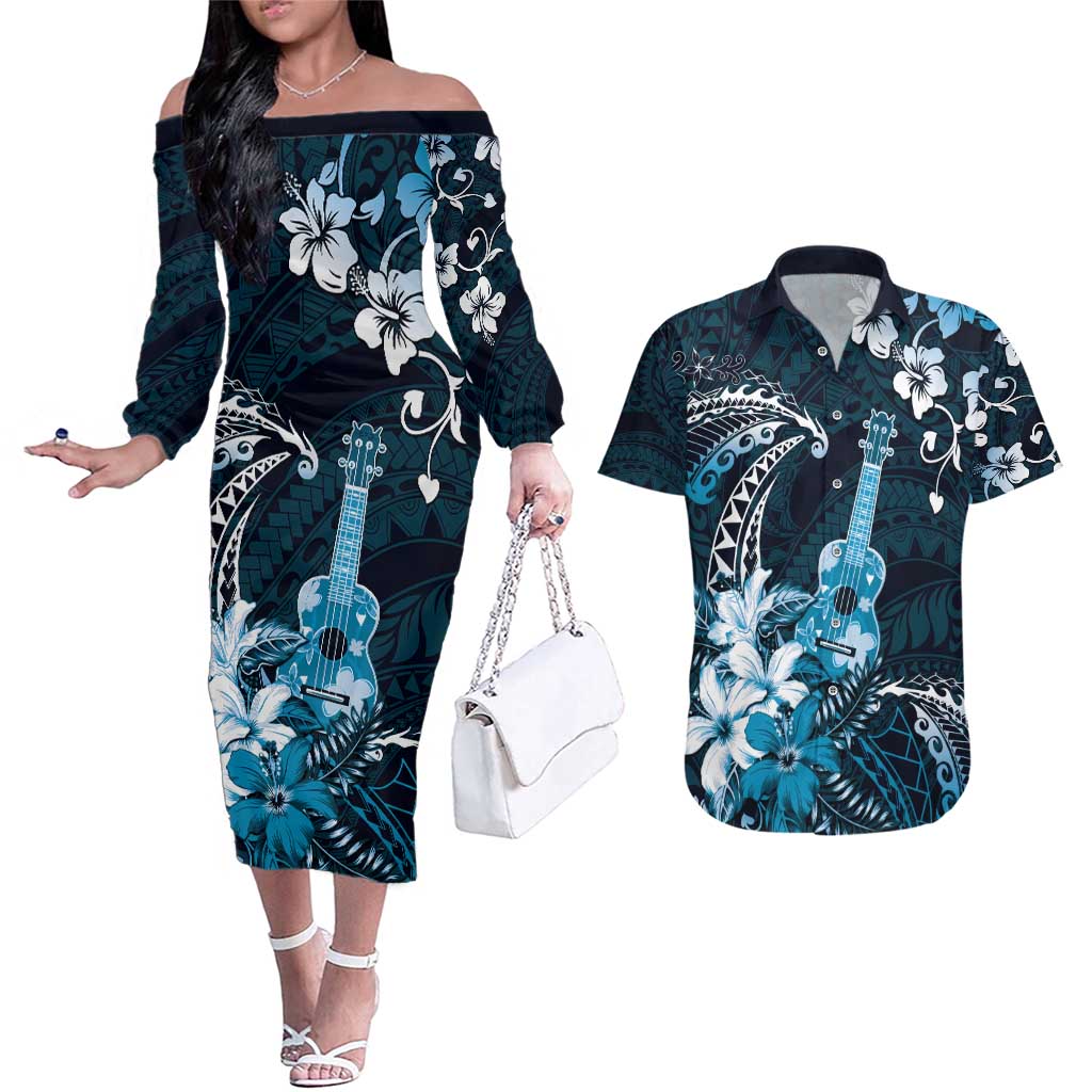 Protees - Comfortable Long Sleeve - Hawaii Ukulele Couples Matching Off The Shoulder Long Sleeve Dress And Hawaiian Shirt Polynesian Pattern Mix Hibiscus Blue Version Lt05