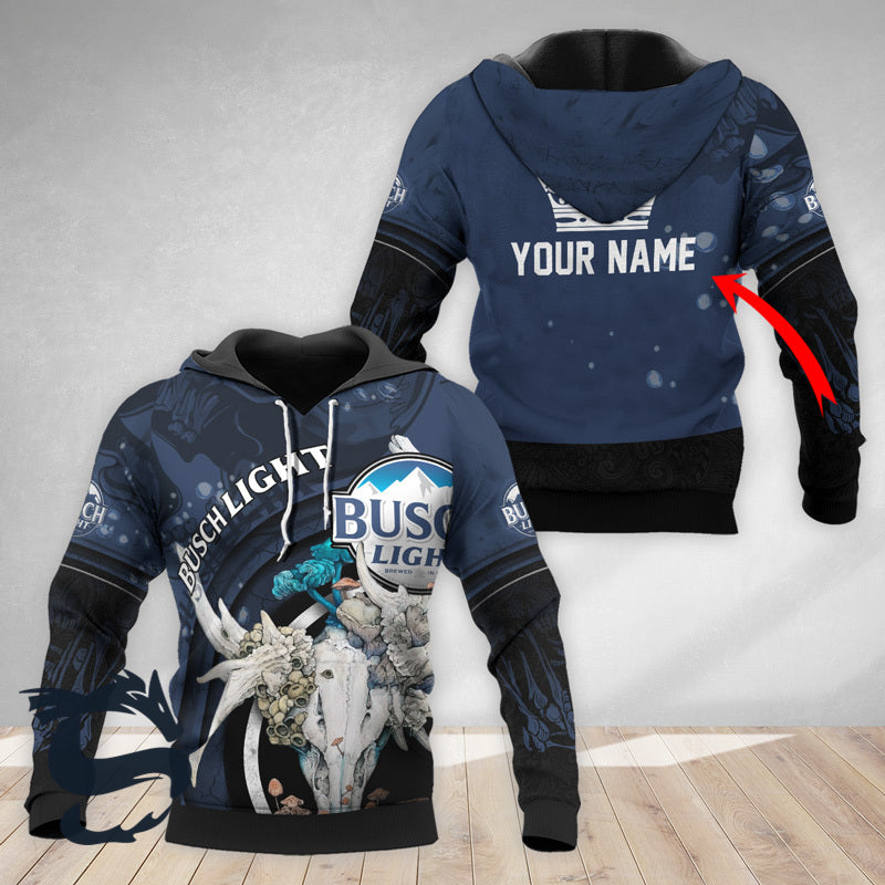 Personalized Busch Light Deer Skull With Mushrooms Hoodie & Zip Hoodie