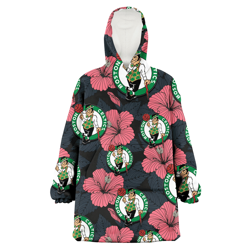 Boston Celtics Light Coral Hibiscus Gray Leaf Black Background 3D Printed Hoodie Blanket Snug Hoodie