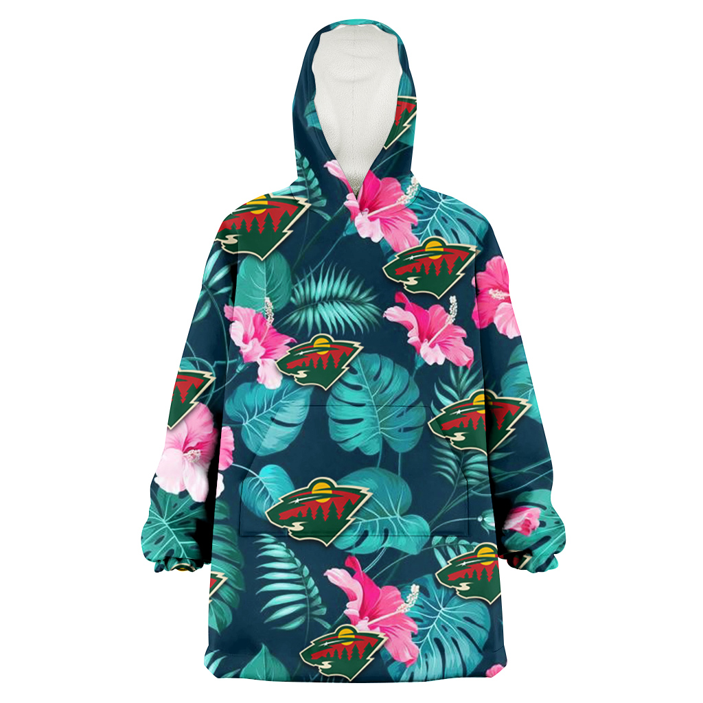 Minnesota Wild Pink Hibiscus Green Leaves Dark Background 3D Printed Hoodie Blanket Snug Hoodie