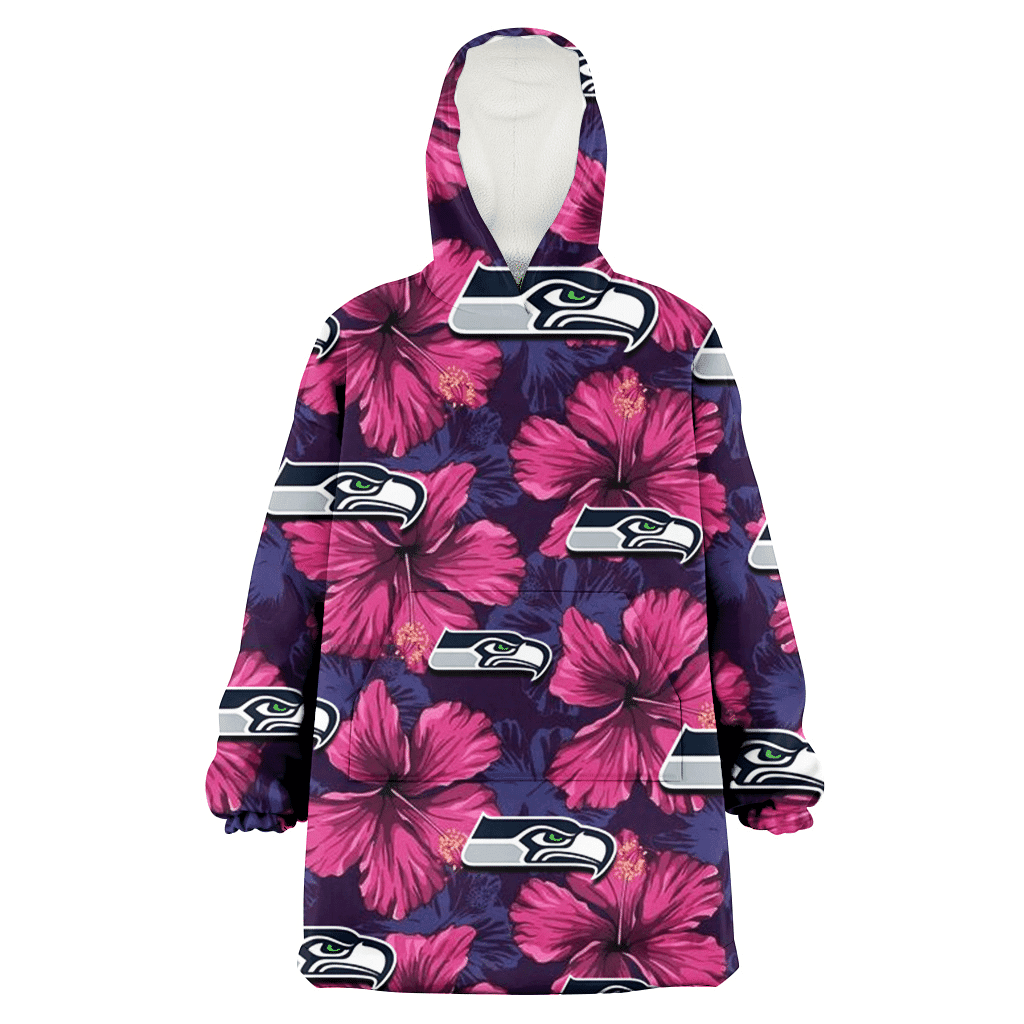 Seattle Seahawks Plum Vilolet Hibiscus Dark Navy Leaf Black 3D Printed Hoodie Blanket Snug Hoodie