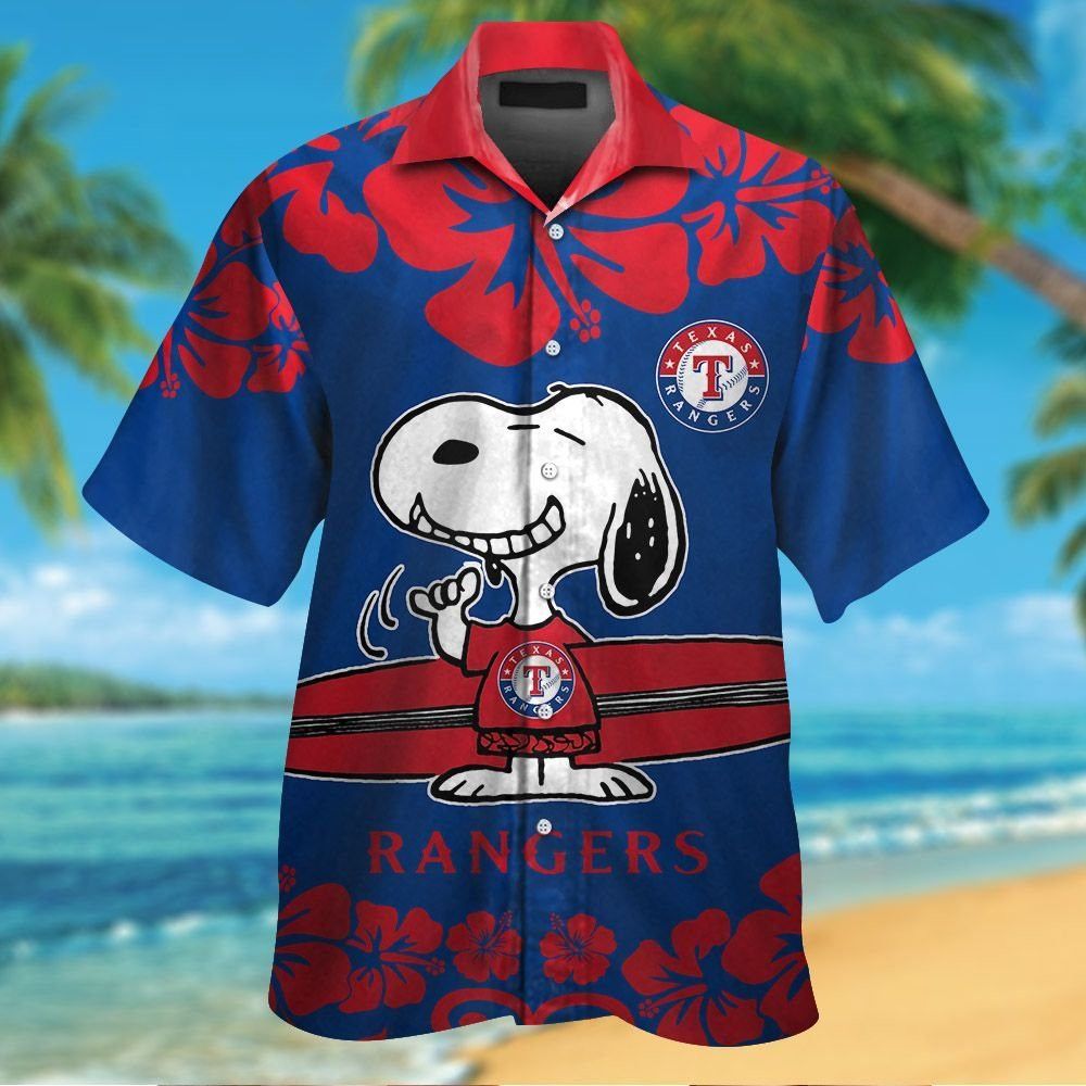 Texas Rangers Snoopy Short Sleeve Button Up Tropical Hawaiian Shirt