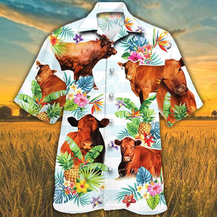 Red Angus Cattle Tropical Flower Hawaiian Shirt For Men, Women, Cow Summer Hawaiian Shirt