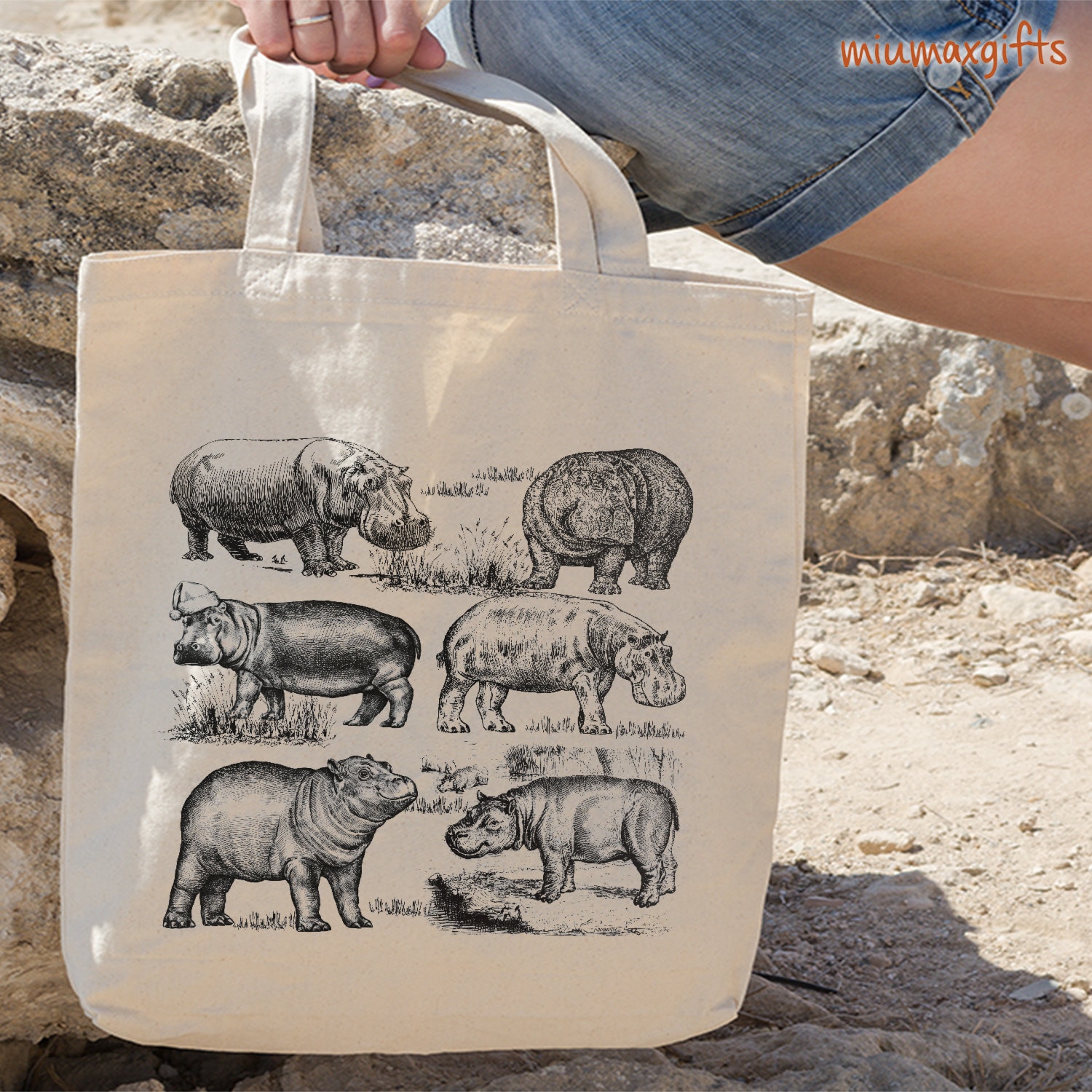 Hippo Canvas Tote Bag, Hippo Totes, Hippo Bag, Design By Miumaxgift, Wild Animal Bag, Shopping Bag, Eco-Friendly Tote Bag, Mothers Day Gift