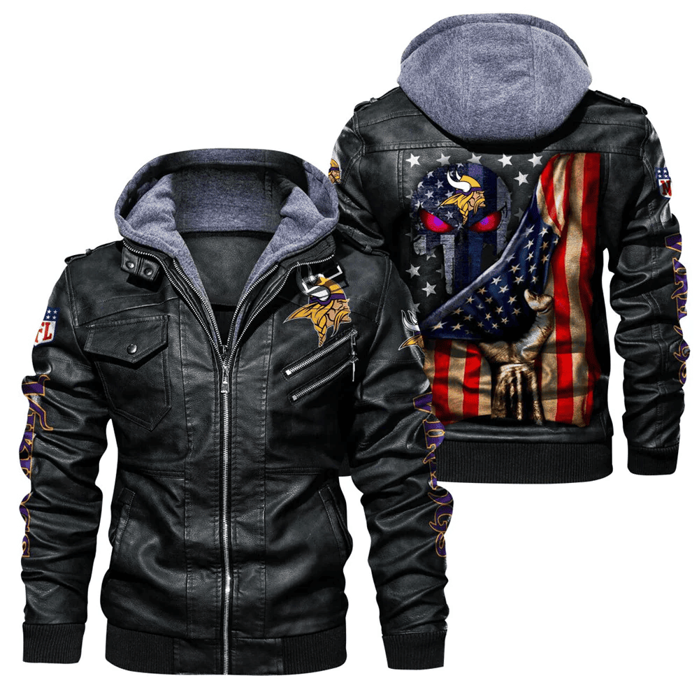 Minnesota Vikings American Flag 3D Zip Leather Jacket With Hood