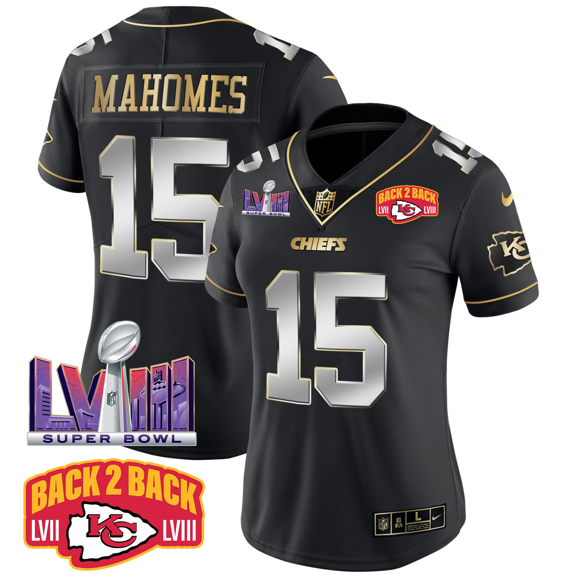 Women’S Chiefs Super Bowl Lviii & Back 2 Back Patch Vapor Jersey V2 – All Stitched