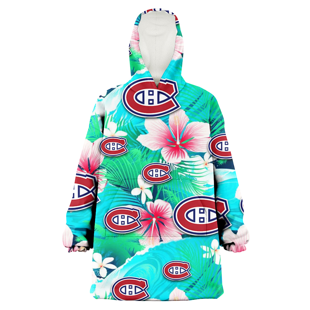 Montreal Canadiens Pink Hibiscus Green Leaf Blue Background 3D Printed Hoodie Blanket Snug Hoodie