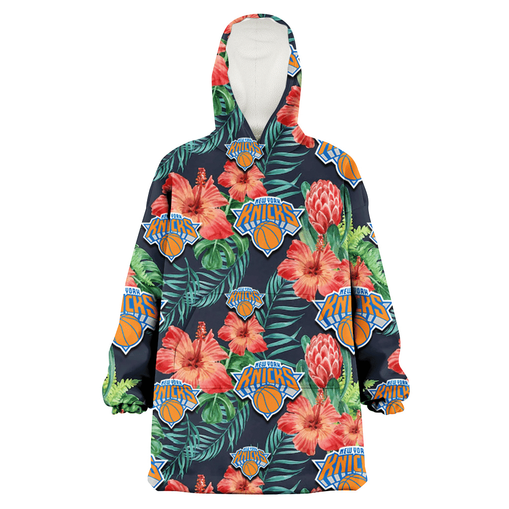 New York Knicks Orange Hibiscus Green Tropical Leaf Dark Background 3D Printed Hoodie Blanket Snug Hoodie