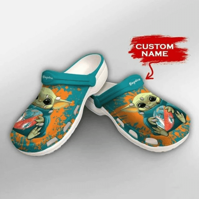 Baby Yoda Hug Miami Dolphins Custom Name Crocss Clog Comfortable Shoes Ver307