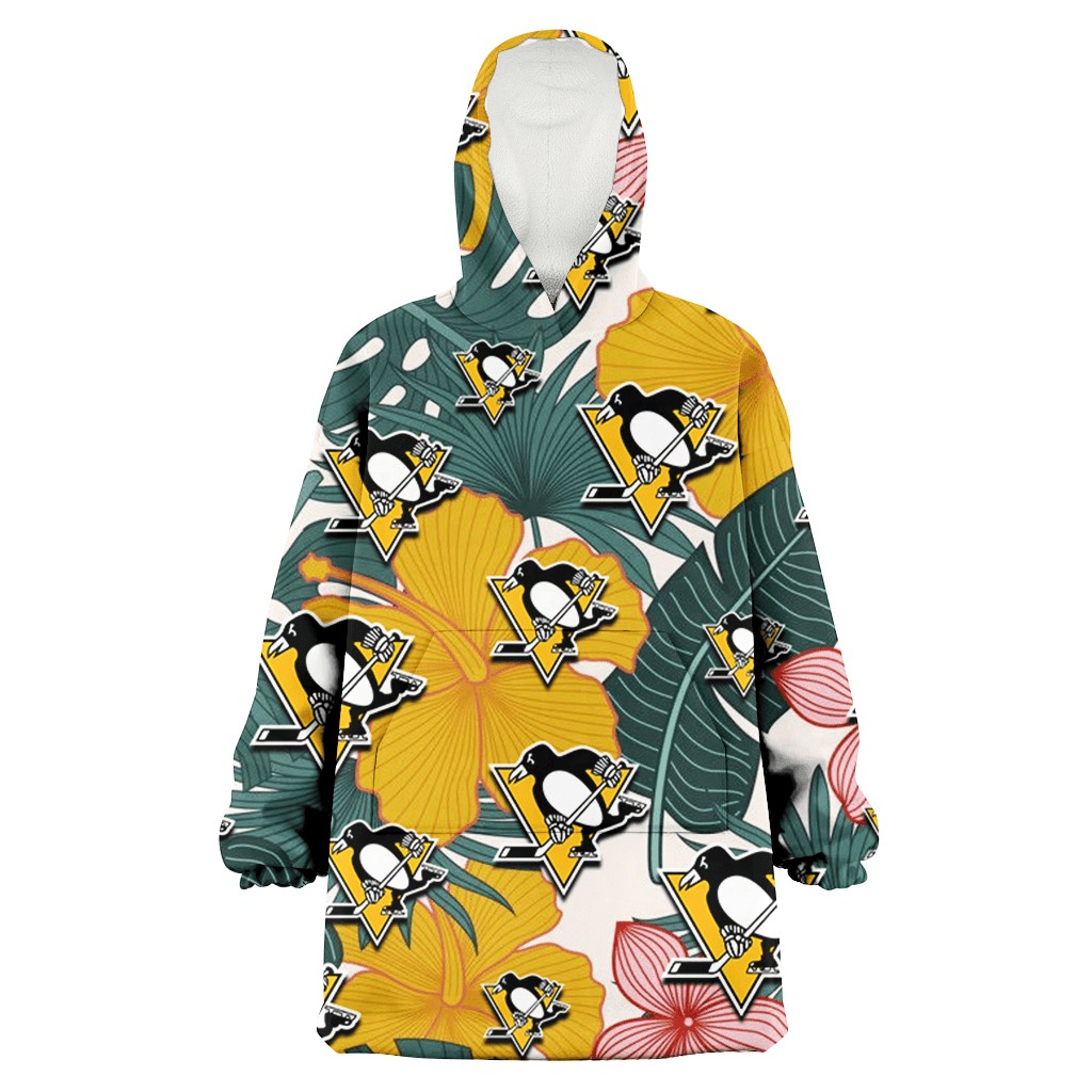 Pittsburgh Penguins Yellow Hibiscus Green Banana Leaf Pink Porcelain Flower 3D Printed Hoodie Blanket Snug Hoodie