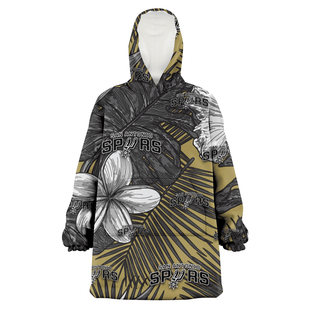 San Antonio Spurs Gray Sketch Hibiscus Yellow Palm Leaf Black Background 3D Printed Hoodie Blanket Snug Hoodie