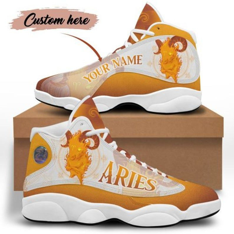 Zodiac Sign Aries Personalized Sneakers, Jd13 Style, Yellow Custom Shoes, Gift For Him, Gift For Her New Fashion