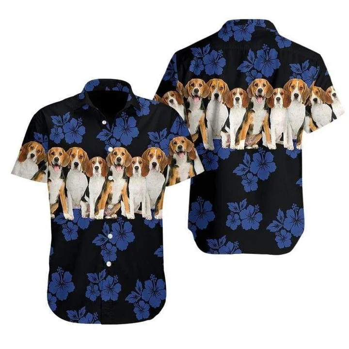 Beagle Hawaiian Shirt, Dog Hawaiian Shirt, Tropical Hibiscus On Black Pattern Hawaiian Shirt