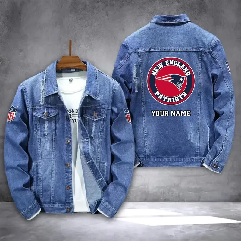 New England Patriots NFL Team Name Personalized Back Logo Blue Denim Jacket