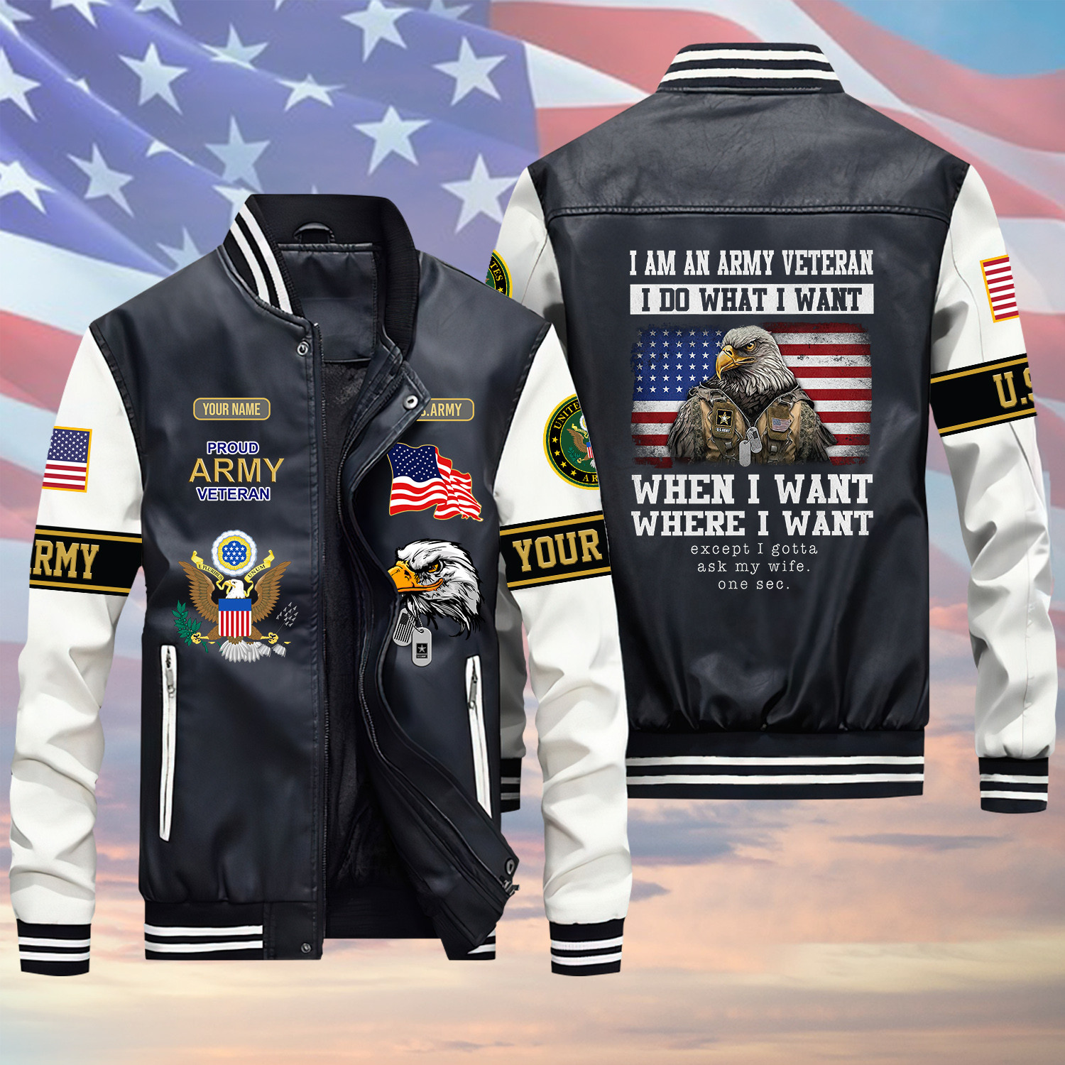 USA I Do What I Want When I Want Where I Want US Army Veteran Green Winter Gear Leather Bomber Leterman Varsity Jacket