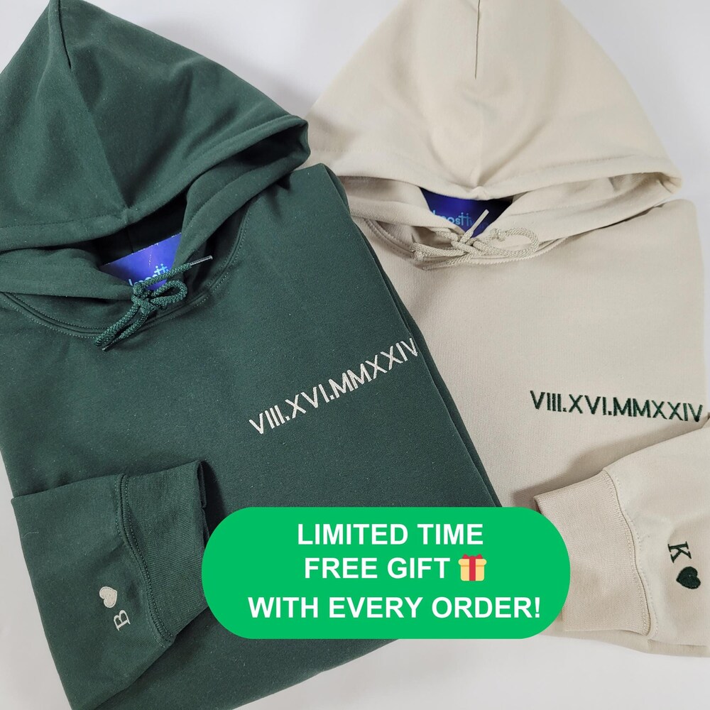 Custom Embroidered Roman Numerals Hoodie, Personalized Gift Hoodie With Initial On Sleeve, Engagements Gift And 1St Anniversary Gift Designed By Poshparagon Funnykidshirts