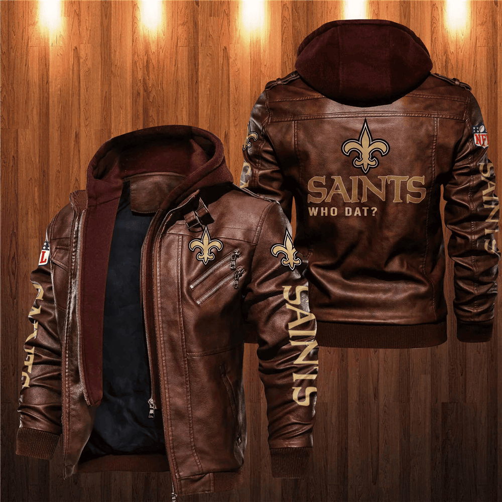 New Orleans Saints Zip Leather Jacket With Hood