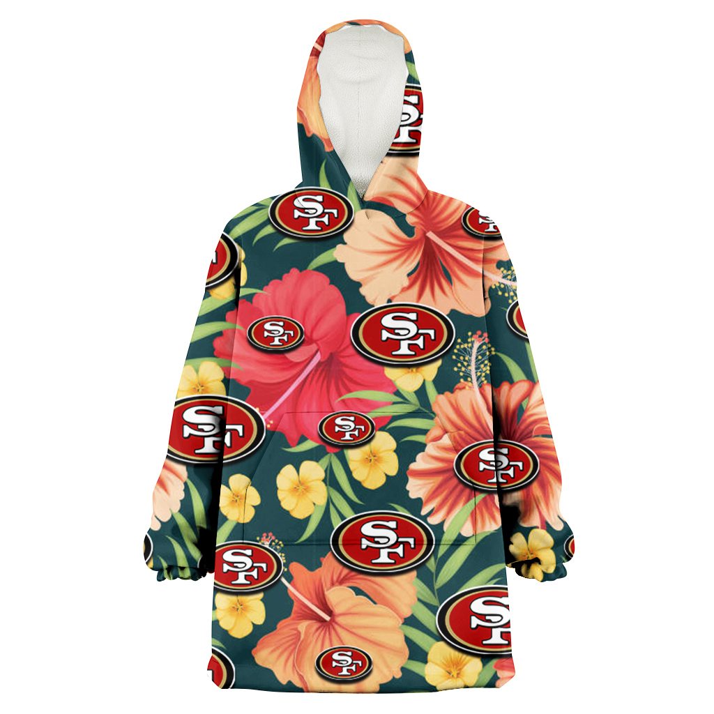 San Francisco 49ers Orange Red Hibiscus Green Leaf Dark Background 3D Printed Hoodie Blanket Snug Hoodie