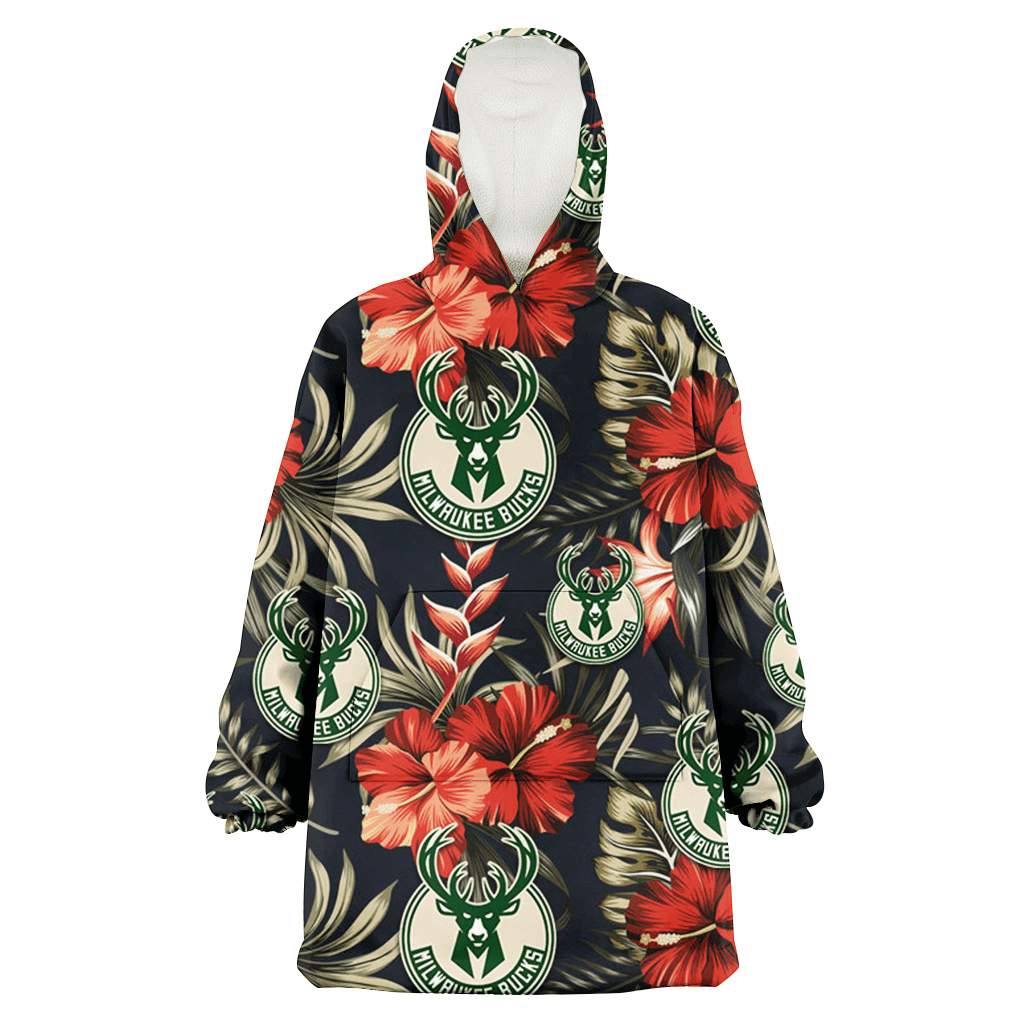 Milwaukee Bucks Red Hibiscus Green Leaf Dark Background 3D Printed Hoodie Blanket Snug Hoodie