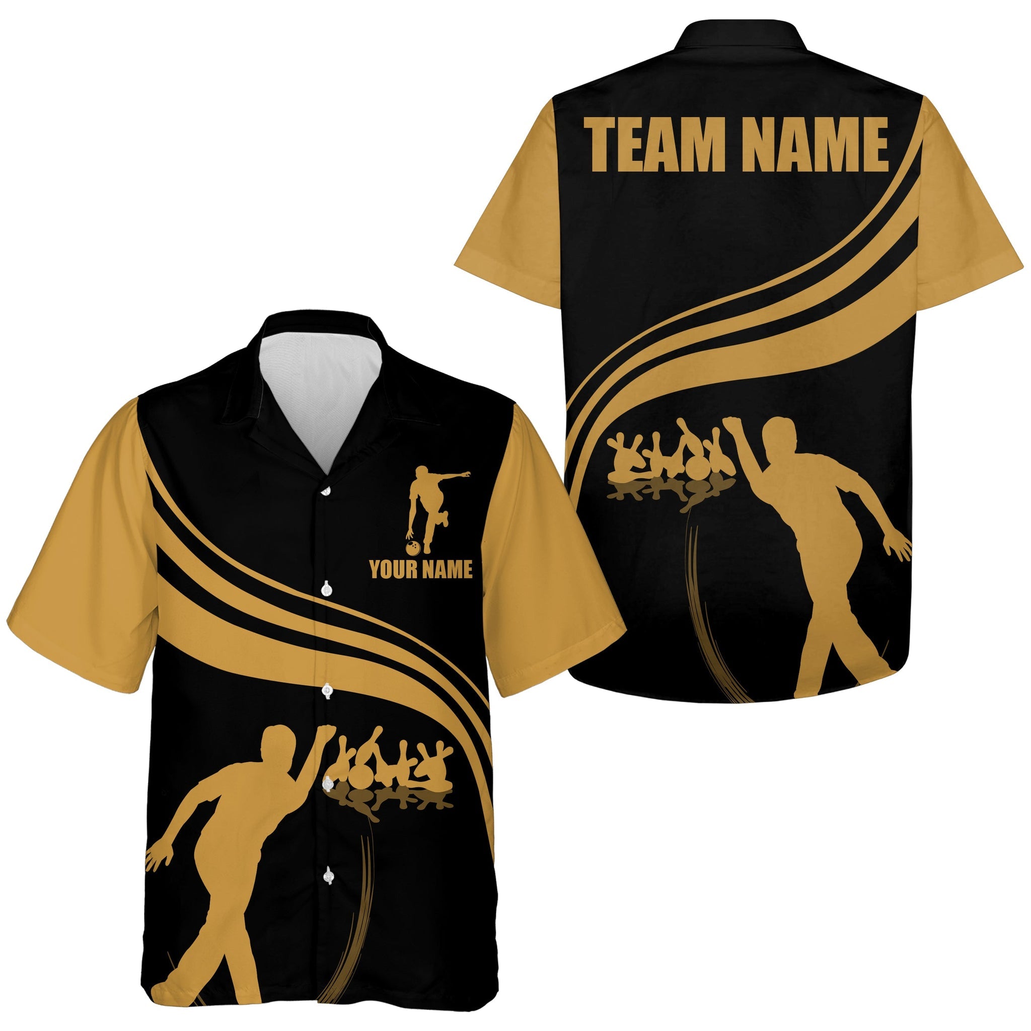 Personalized Hawaiian Bowling Shirt Black And Gold Bowlers Custom Team Bowling Hawaiian Shirt