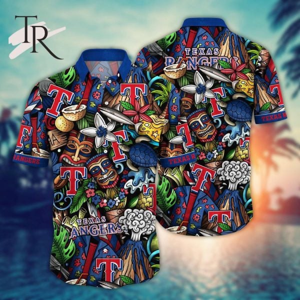 Texas Rangers Mlb Team Logo And Name Tribal Pattern 3D Hawaiian Shirt