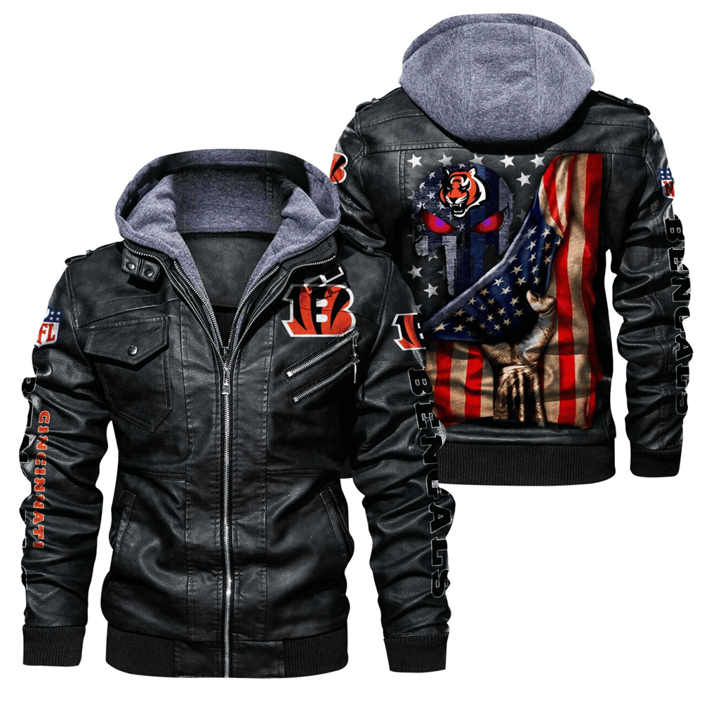 Cincinnati Bengals American Flag 3D Zip Leather Jacket With Hood