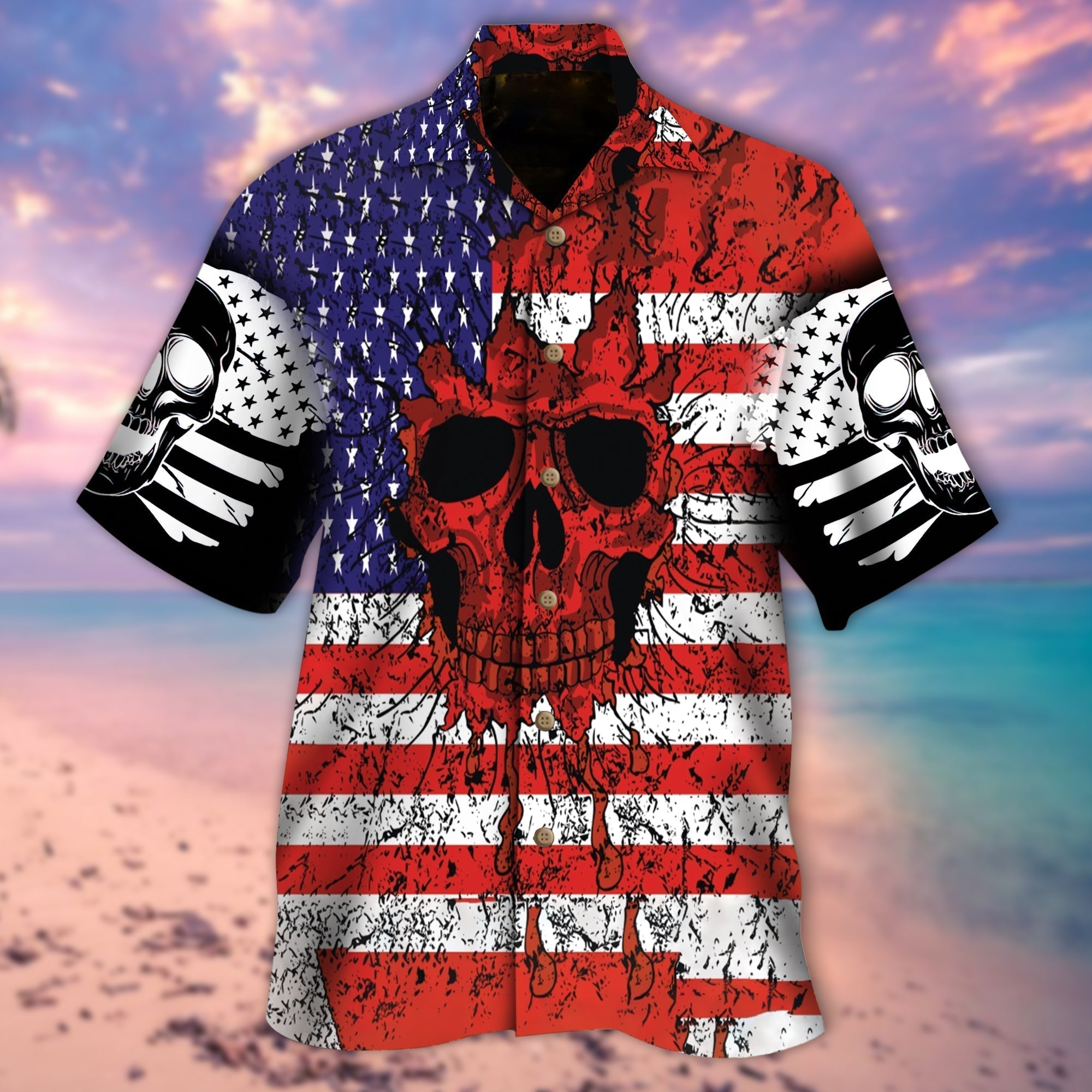 Nice Skull U.S Flag Pattern Hawaiian Shirt, Gift For Skull Lovers