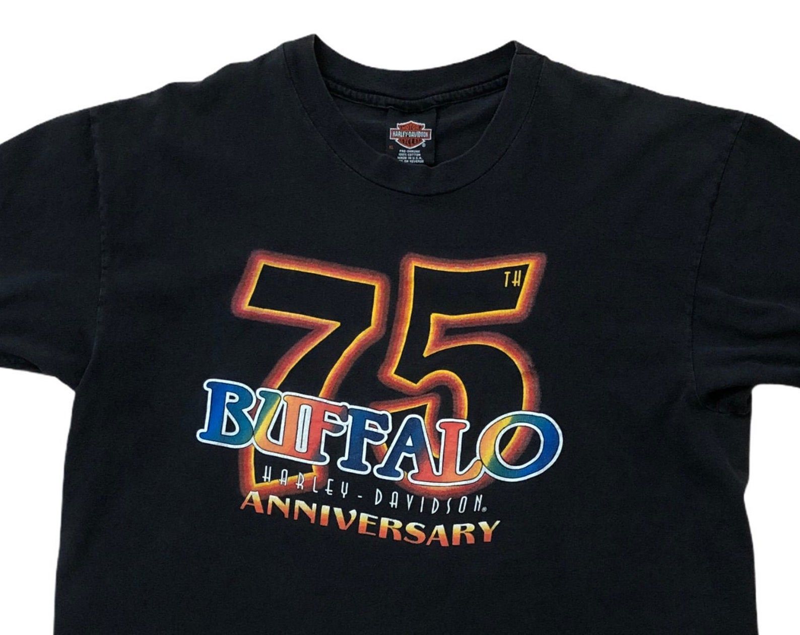 Harley Davidson Vintage 90S Buffalo New York 75Th Anniversary Single Stitch Made In Usa Double Sided Psychedelic Black T-Shirt