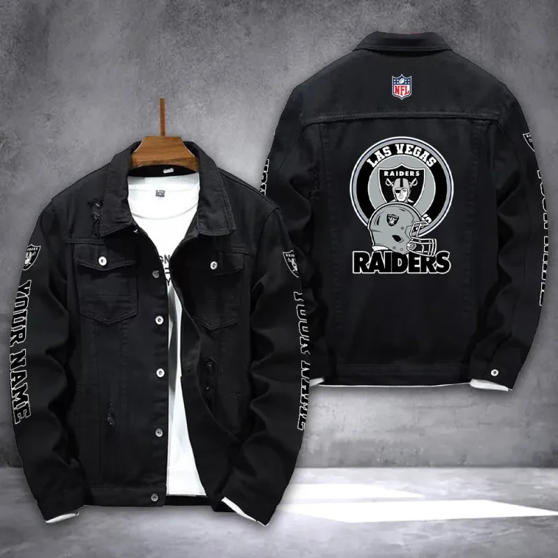 Las Vegas Raiders NFL Team Name Personalized Sleeve Back Logo Black Denim Jacket