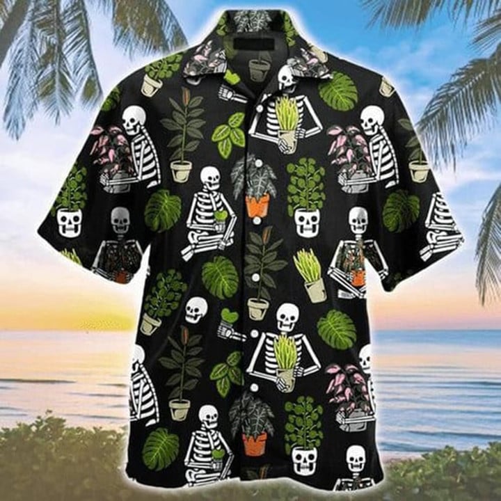 Beautiful Plant Potted Gardener Skull Pattern Hawaiian Shirt, Summer Hawaiian Shirt For Men And Women