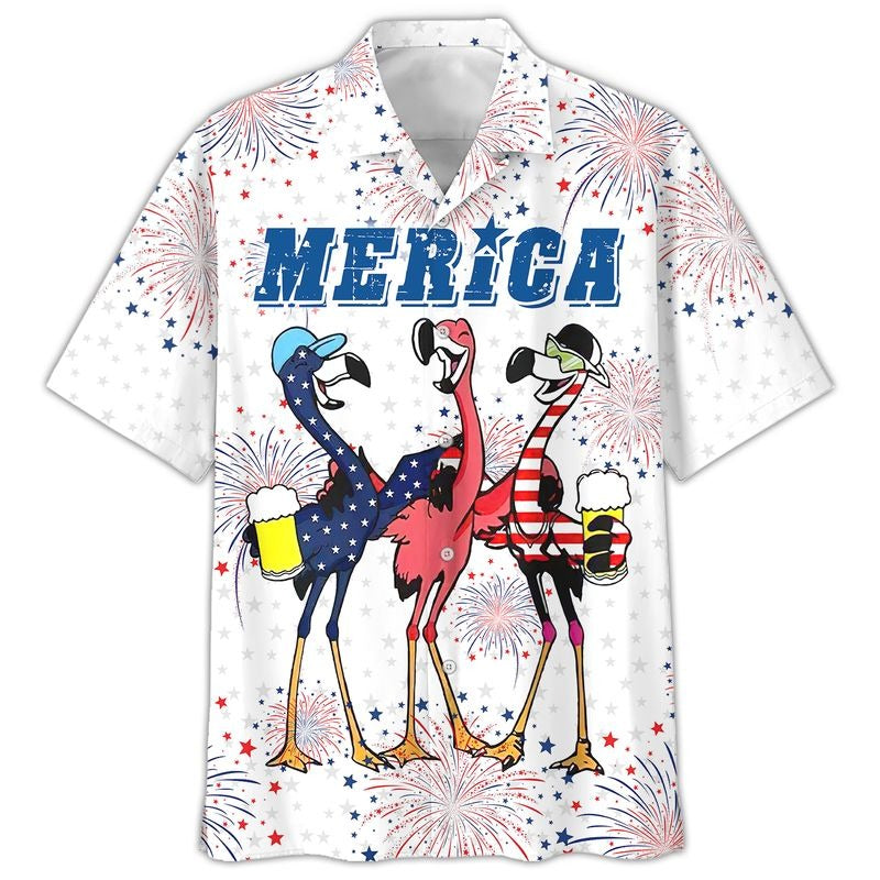 Flamingo Hawaiian Shirt, Full Printed Flamingo Drinking Beer In Usa Flag Happy Independence Day, 4Th Of Jul Gift