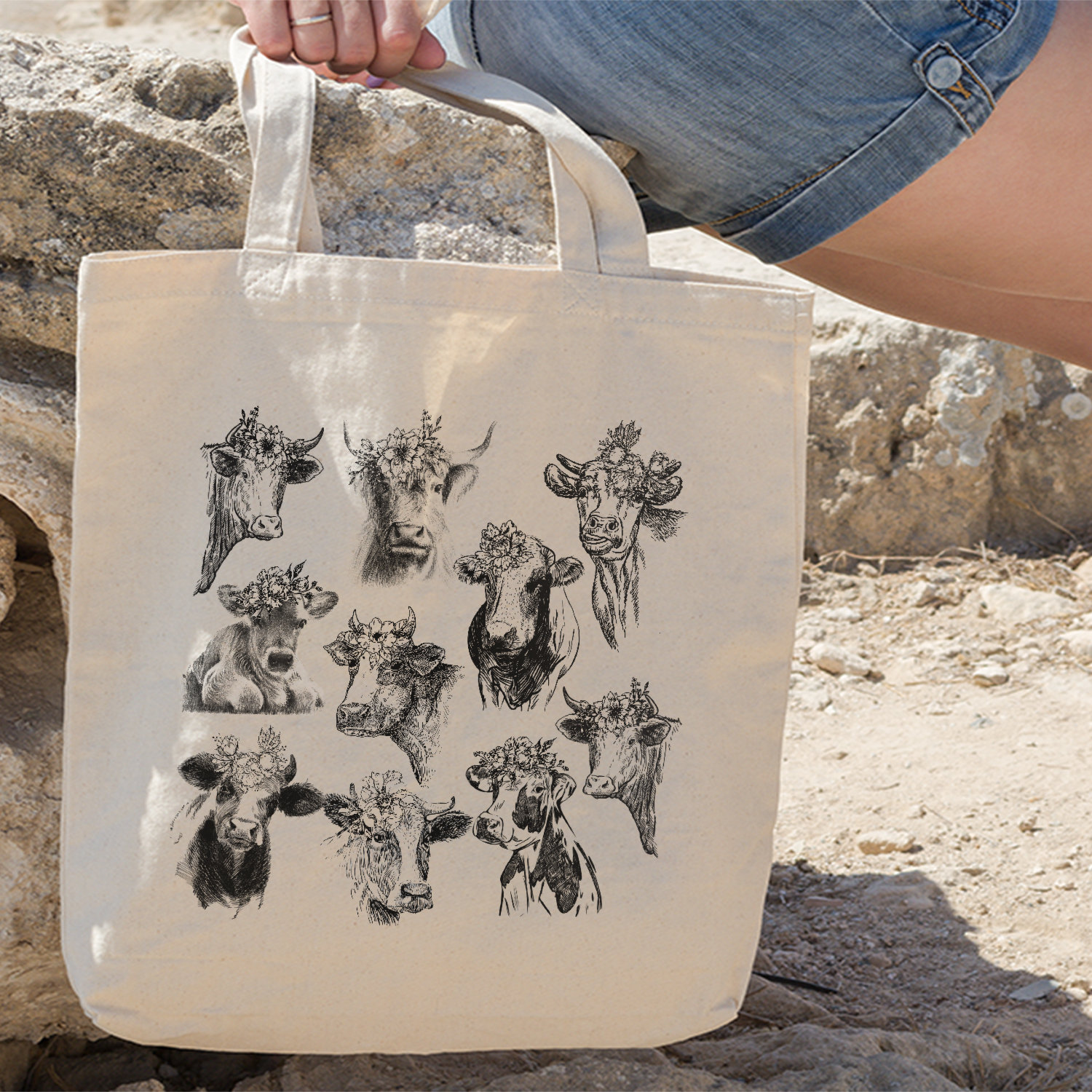 Cow Flower Sketch Cotton Tote Bag, Farm Tote Bag, Cow Bag, Tote Design By Miumaxgift, Natural Cotton Tote Bag, Eco-Friendly Tote Bag