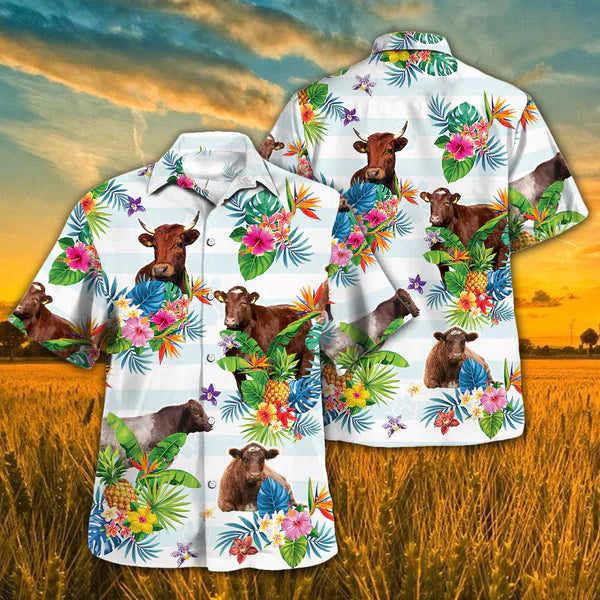 Shorthorn Hawaiian Theme Plants Pineapple 3D Hawaiian Shirt, Cow Hawaiian Shirt, Summer Gifts For Men And Women