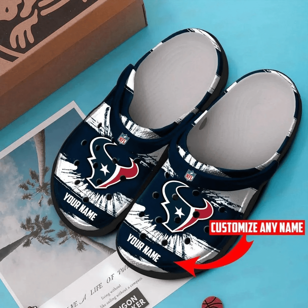 Houston Texans Custom Name Pattern Crocss Classic Clogs Shoes In Dark Blue & White Ver460