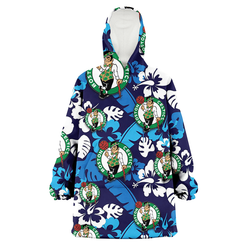 Boston Celtics Light Blue Hibiscus Banana Leaf Navy Background 3D Printed Hoodie Blanket Snug Hoodie