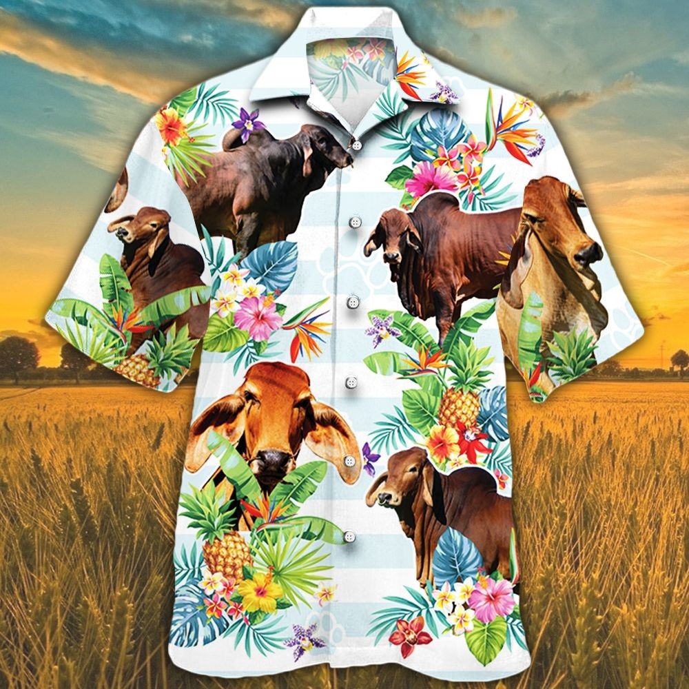 Red Brahman Cattle Lover Tropical Flower Hawaiian Shirts For Cow Lovers, Bull Cow 3D Hawaii Shirt