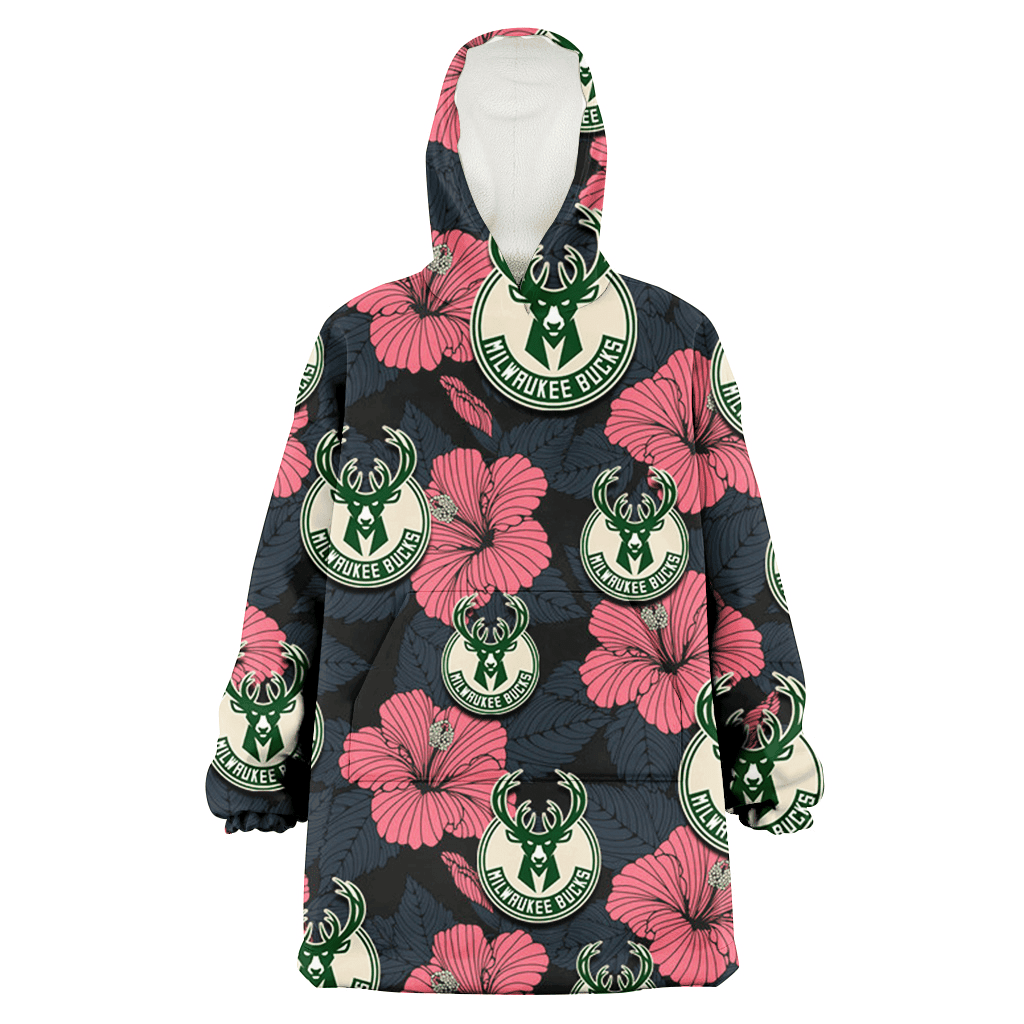 Milwaukee Bucks Light Coral Hibiscus Gray Leaf Black Background 3D Printed Hoodie Blanket Snug Hoodie