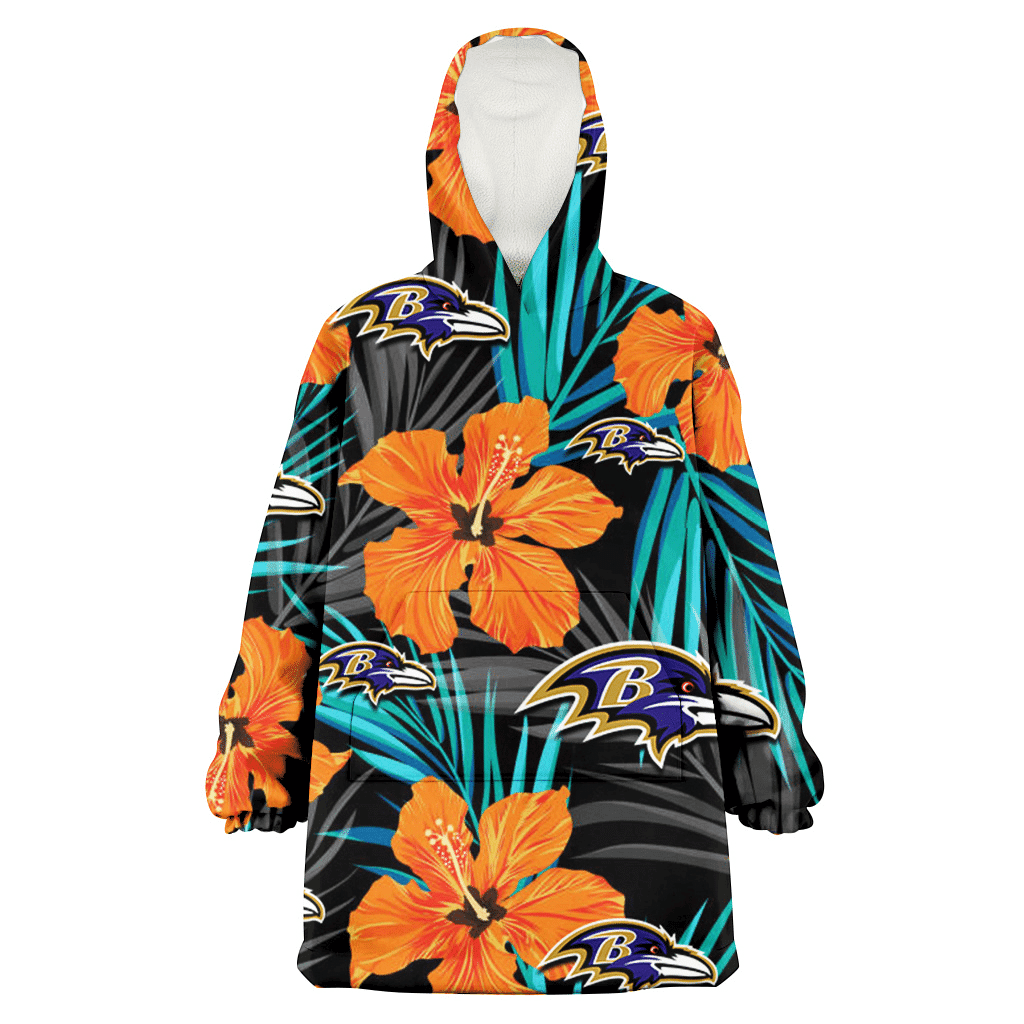 Baltimore Ravens Orange Hibiscus Blue Gray Leaf Black Background 3D Printed Hoodie Blanket Snug Hoodie