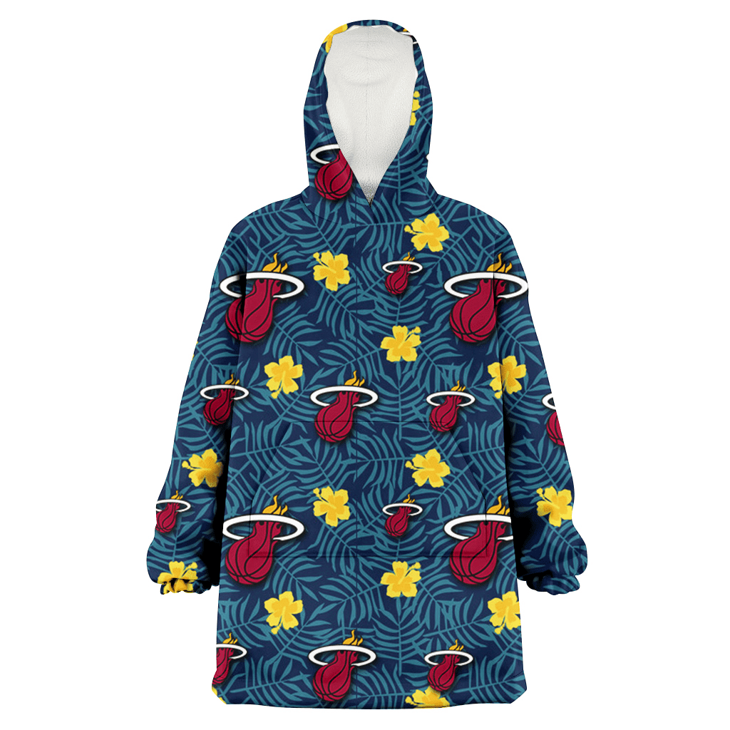 Miami Heat Yellow Hibiscus Cadet Blue Leaf Navy Background 3D Printed Hoodie Blanket Snug Hoodie