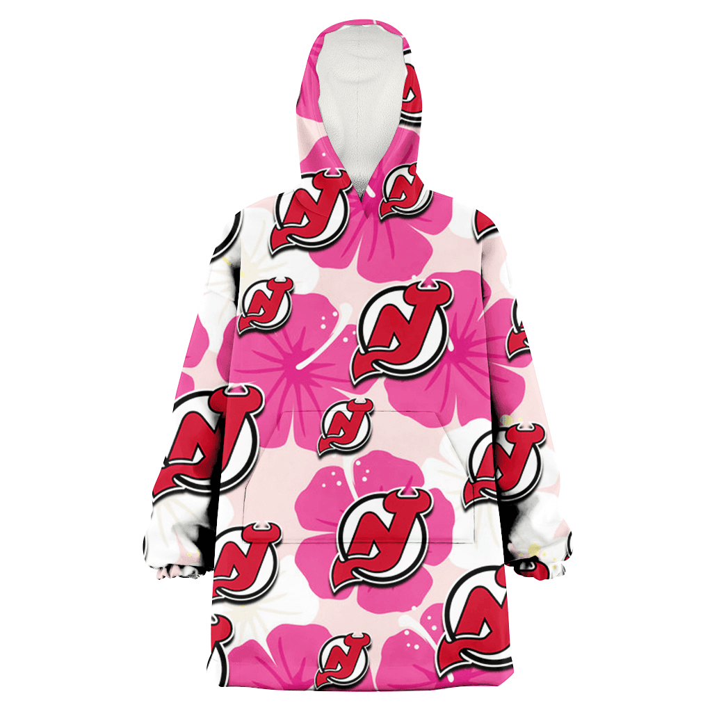 New Jersey Devils Pink White Hibiscus Misty Rose Background 3D Printed Hoodie Blanket Snug Hoodie