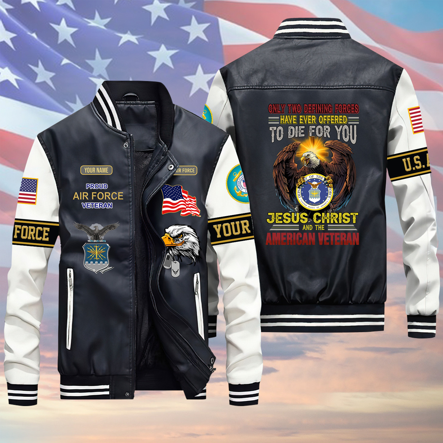 Only Two Defining Forces U.S Air Force Veteran Green Winter Gear Leather Bomber Leterman Varsity Jacket