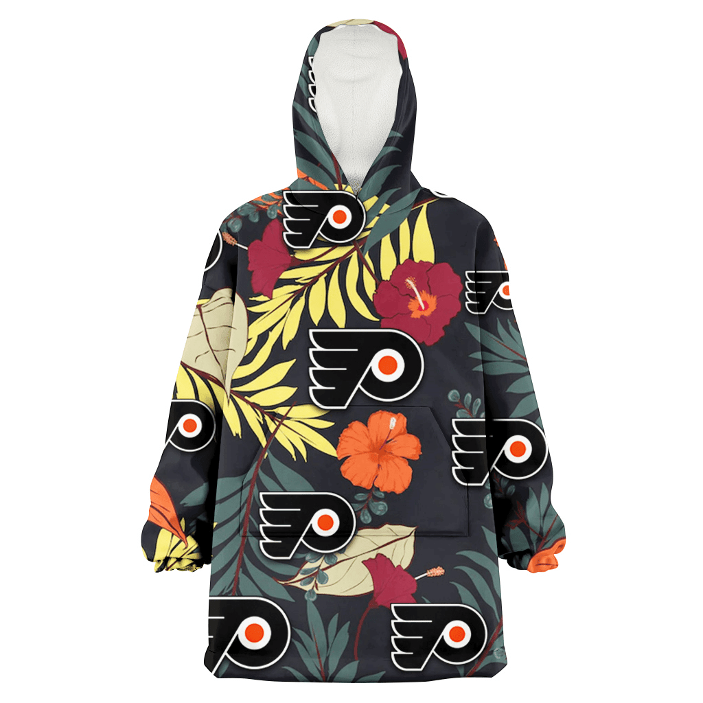 Philadelphia Flyers Red And Orange Hibiscus Black Background 3D Printed Hoodie Blanket Snug Hoodie