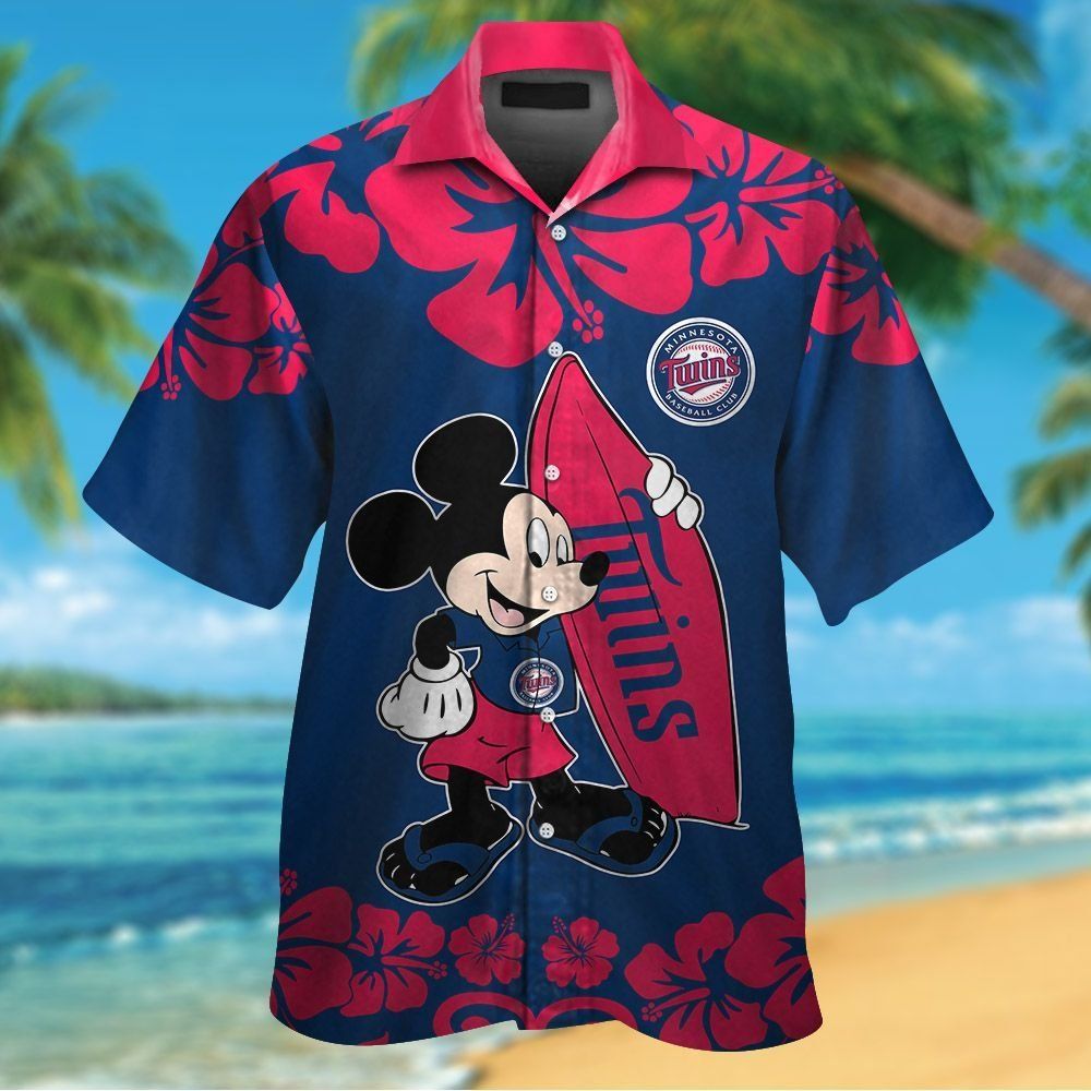 Minnesota Twins Mickey Mouse Short Sleeve Button Up Tropical Hawaiian Shirt