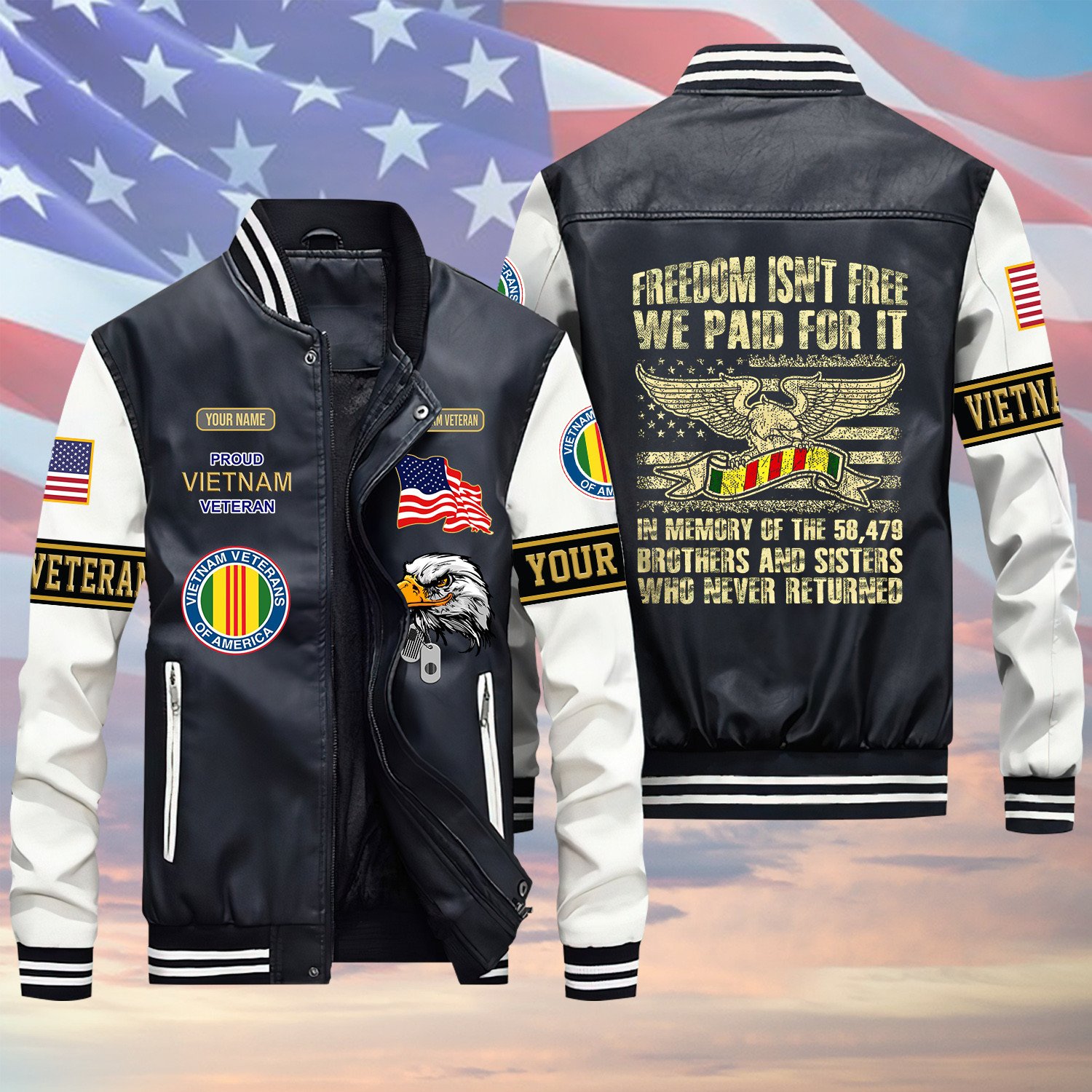 Freedom Isn’t Free We Paid For It Vietnam Veteran Green Winter Gear Leather Bomber Leterman Varsity Jacket