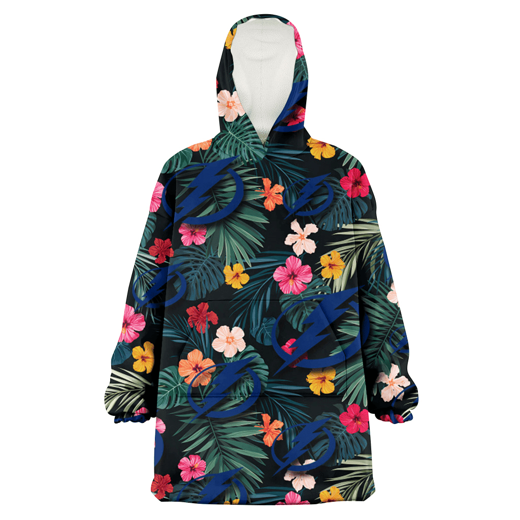 Tampa Bay Lightning Pink Yellow Orange Hibiscus Big Tropical Leaf Black Background 3D Printed Hoodie Blanket Snug Hoodie