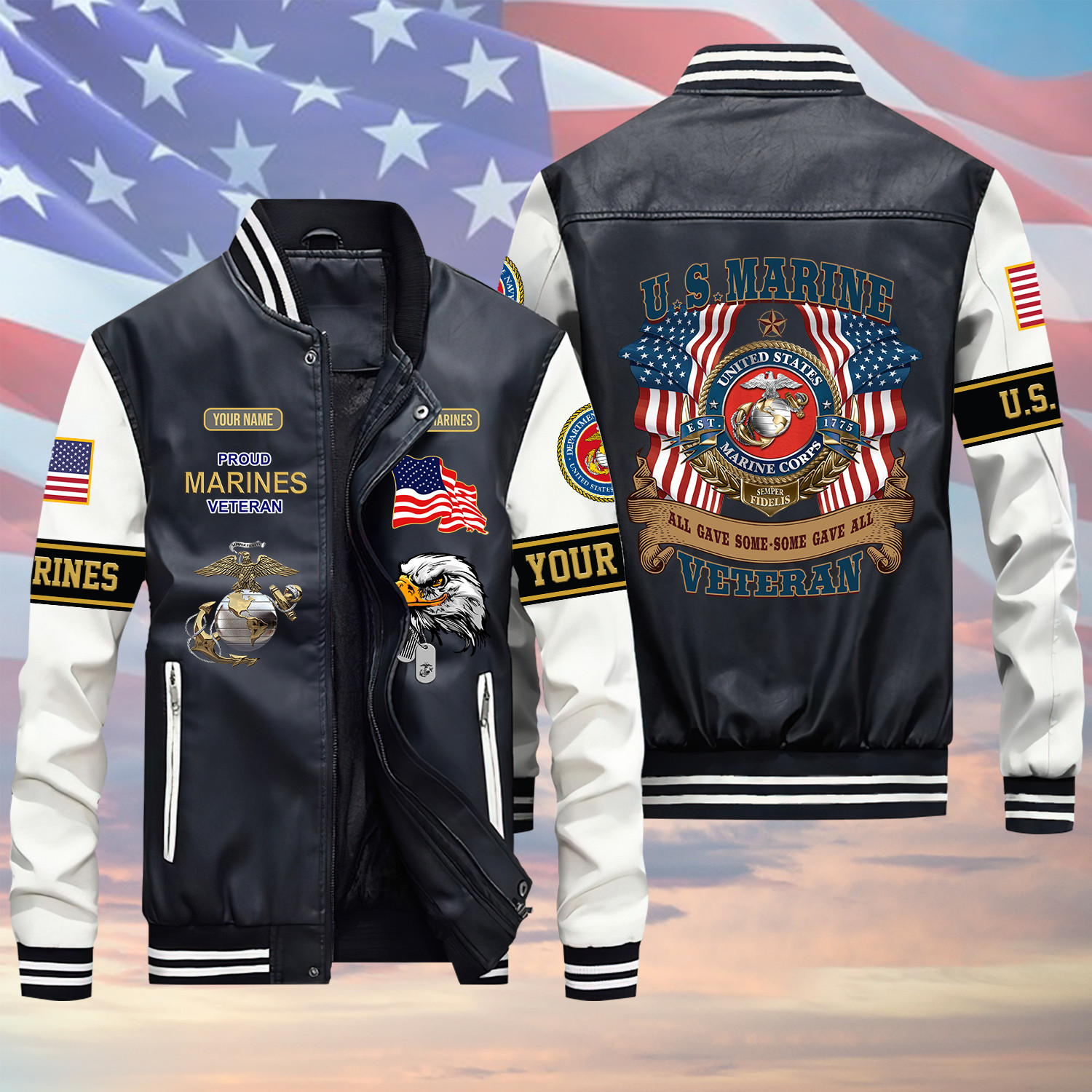 U.S Marine Veteran Proud American Flag Proud Green Winter Gear Leather Bomber Leterman Varsity Jacket