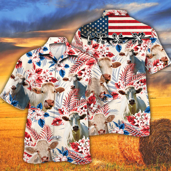 Charolais Cattle Lovers American Flag Hawaiian Shirt, Cow Flower Aloha Hawaiian Shirt, Cow Hawaiian Shirt Vintage, Hawaiian Shirt Men