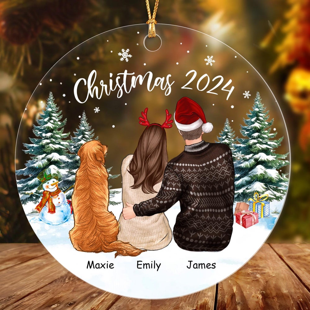 Custom First Christmas Couple With Dog Ornament 2024, Family And Dog Christmas Ornament, Personalized Couples And Dog Ornament X Sunrug Shirtstylecentral