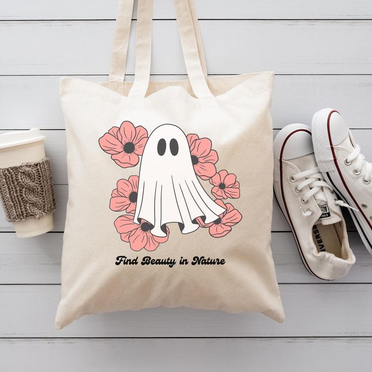 Floral Ghost Tote Bag Gift for Book Lover Librarian Teacher Canvas Book Bag Gift for Wife Friend Roommate, Best Tote Bags Ideas, Cute Tote Bags Ideas, Tote Bag Design Ideas, Girls Tote Bag, Best Canvas Tote Bags Ideas